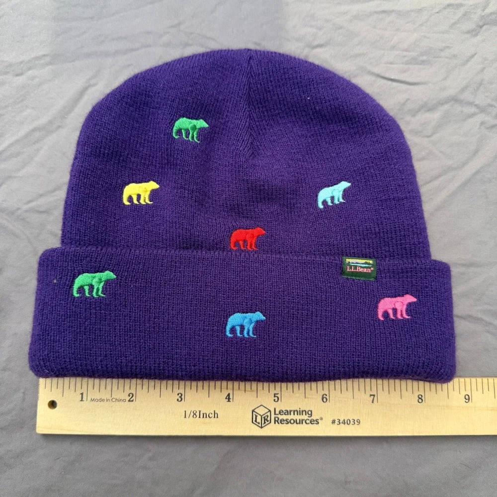 L.L.Bean Purple Polar Bear Embroidered Knit Beanie Hat One Size Multicolor Cuff